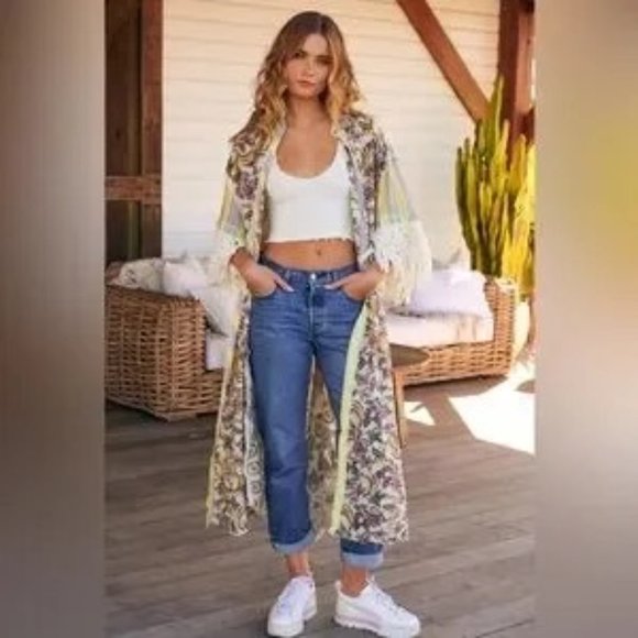 Free People Watching Waves Maxi Shirt Cover-up Oversized Aquamarine Boho Size XS - Picture 1 of 14